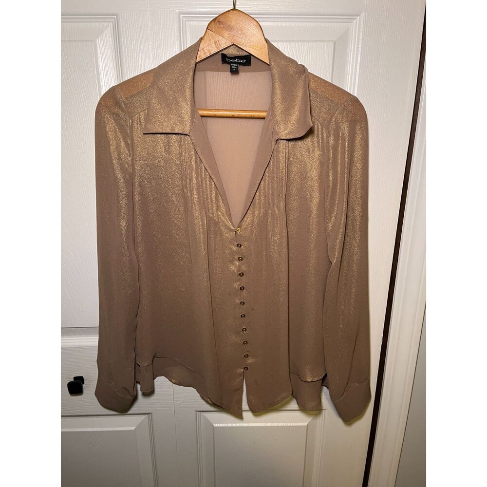 Bebe Womens Shimmer Blouse Small Taupe Sheer Button Front Y2K Top